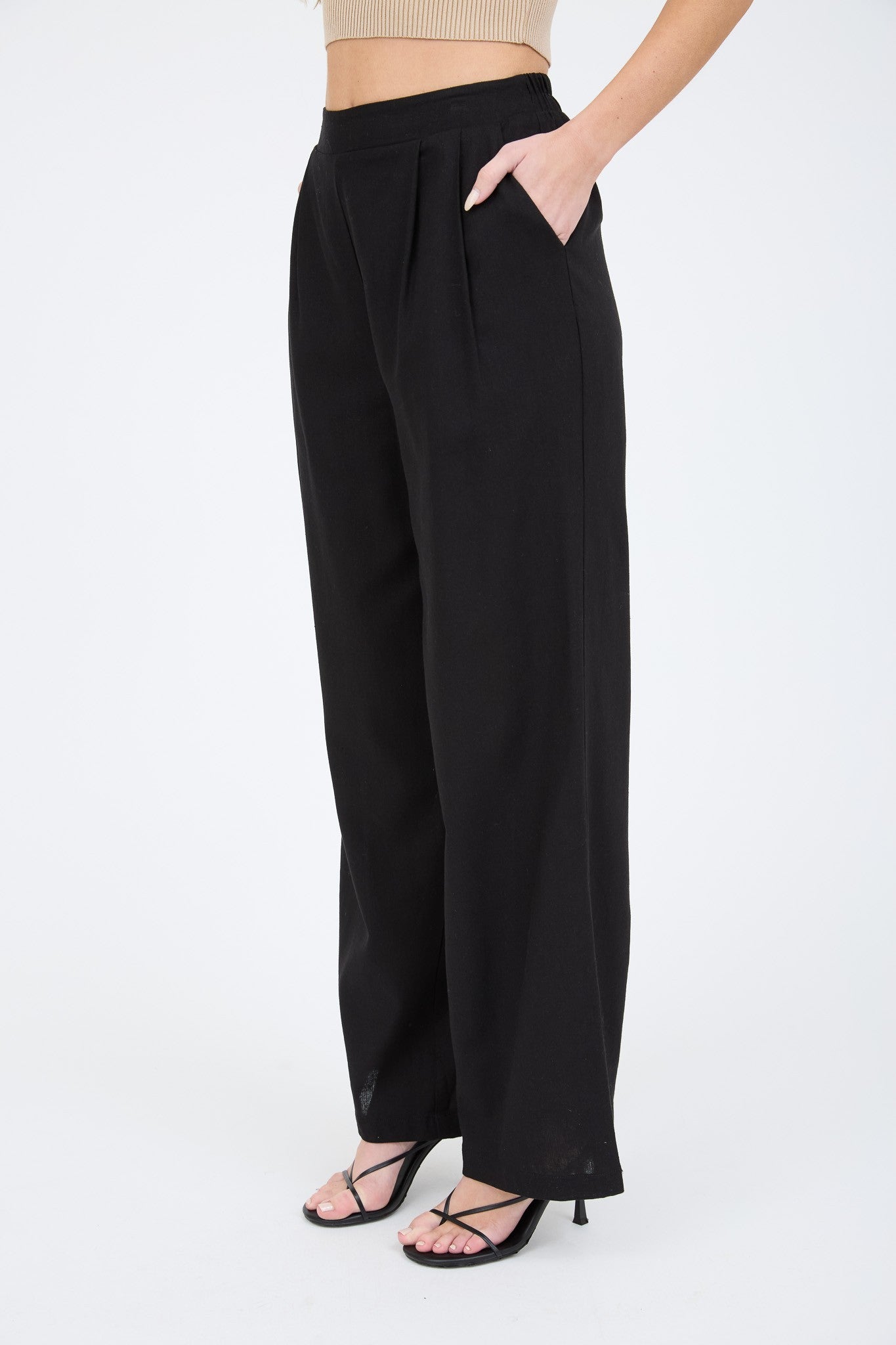High Waisted Front Pleat Linen Blend Pants