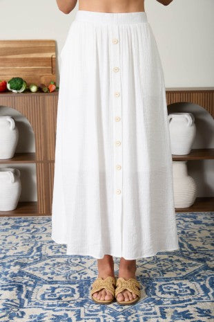 Elastic Waist Button Front Skirt w/ Pockets