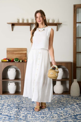 Elastic Waist Button Front Skirt w/ Pockets