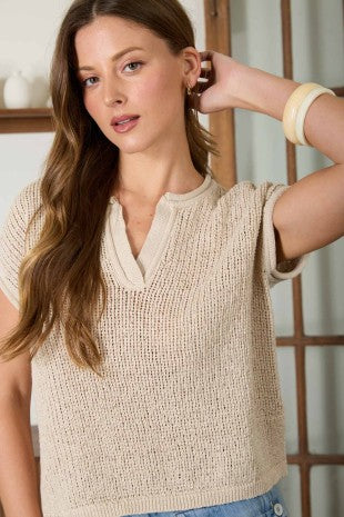 Split Neck Raw Edge Short Sleeve Knit Top