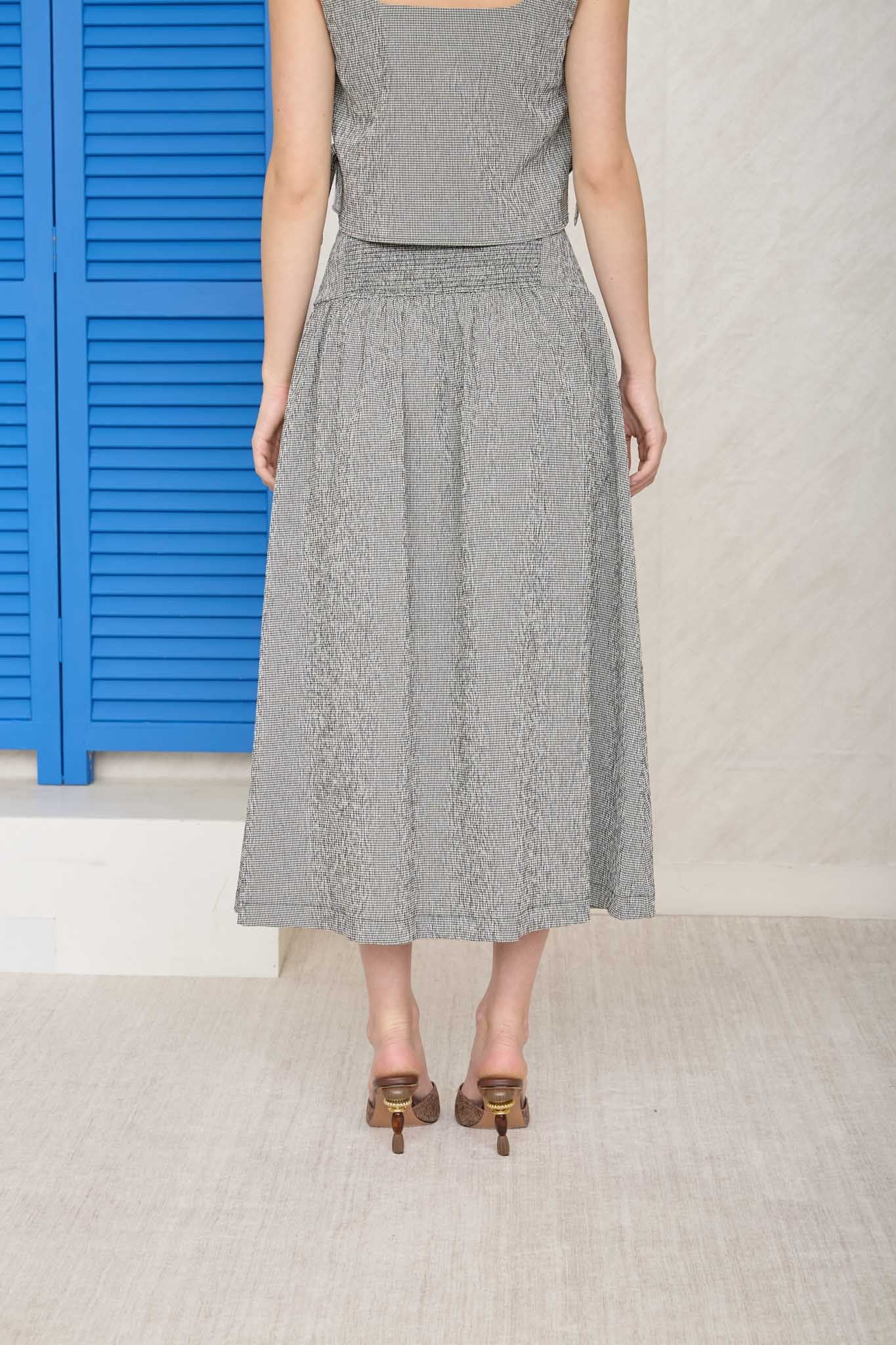 Mini Gingham Print Wide Waistband Midi Skirt