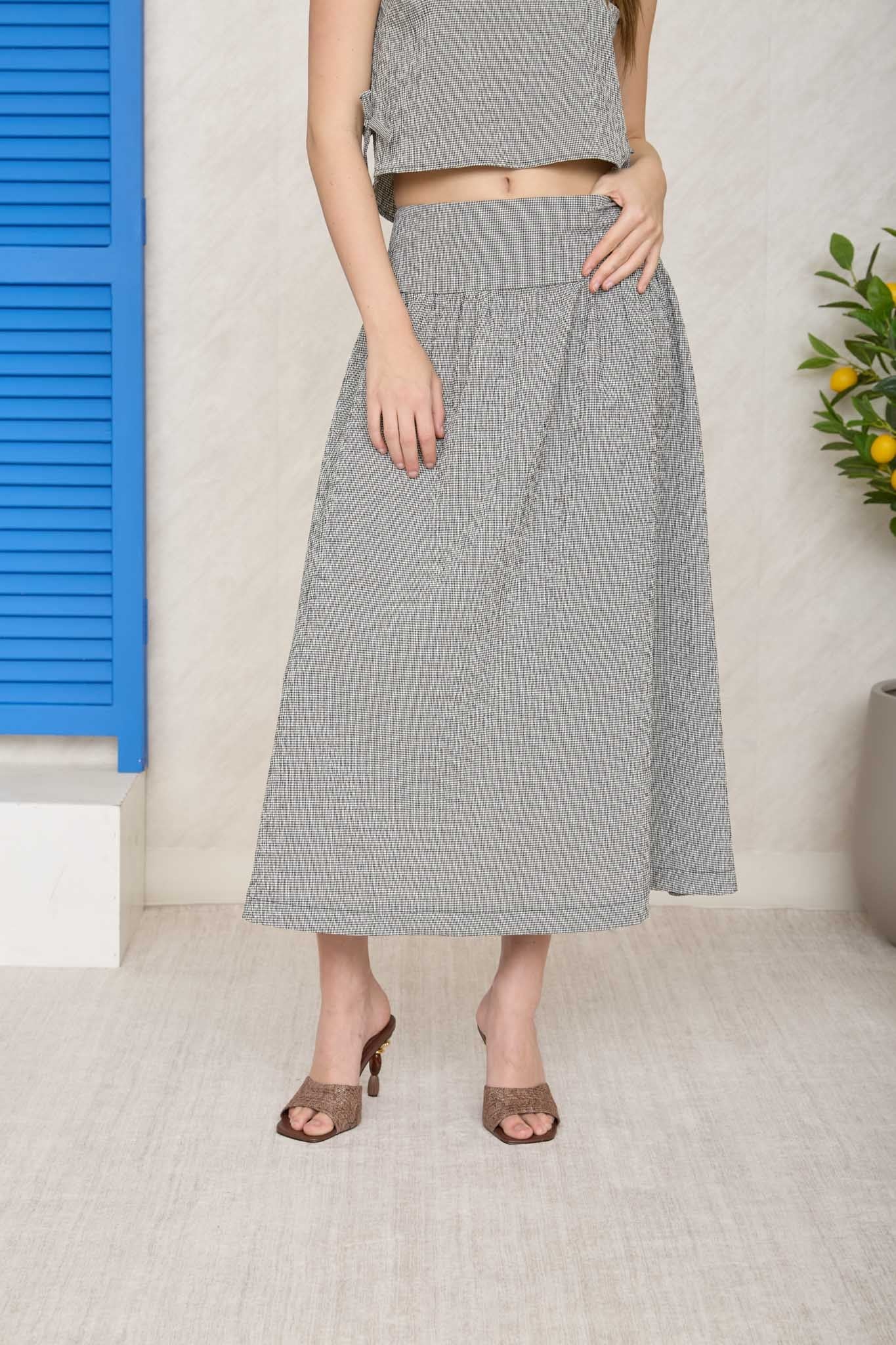 Mini Gingham Print Wide Waistband Midi Skirt