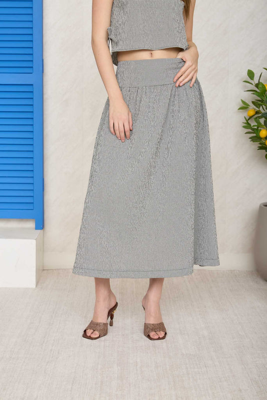 Mini Gingham Print Wide Waistband Midi Skirt