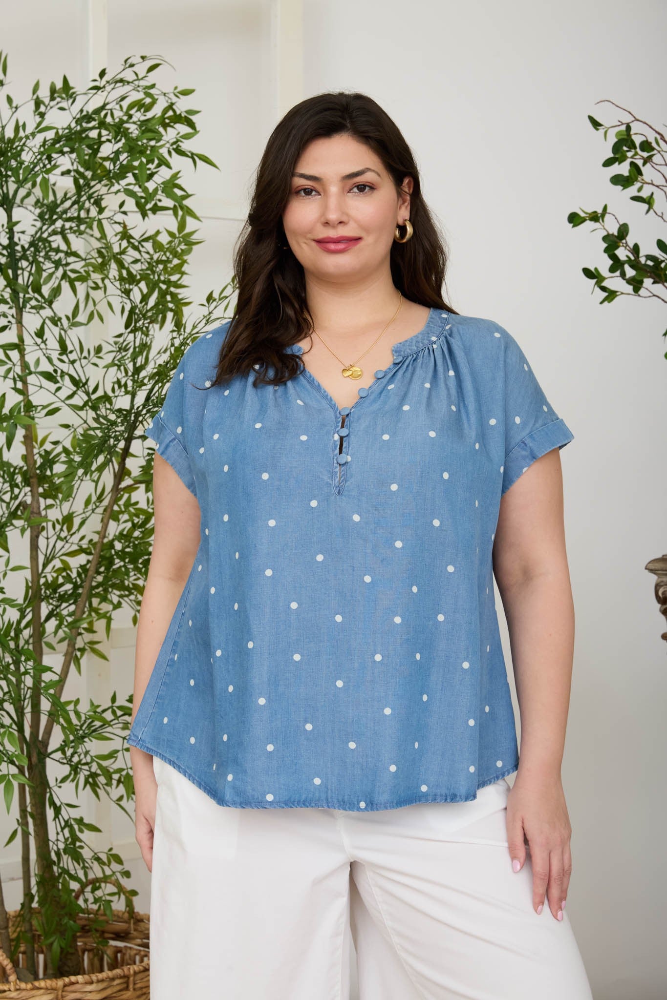 Short Sleeve Polka Dot Chambray Top (1X - 3X)
