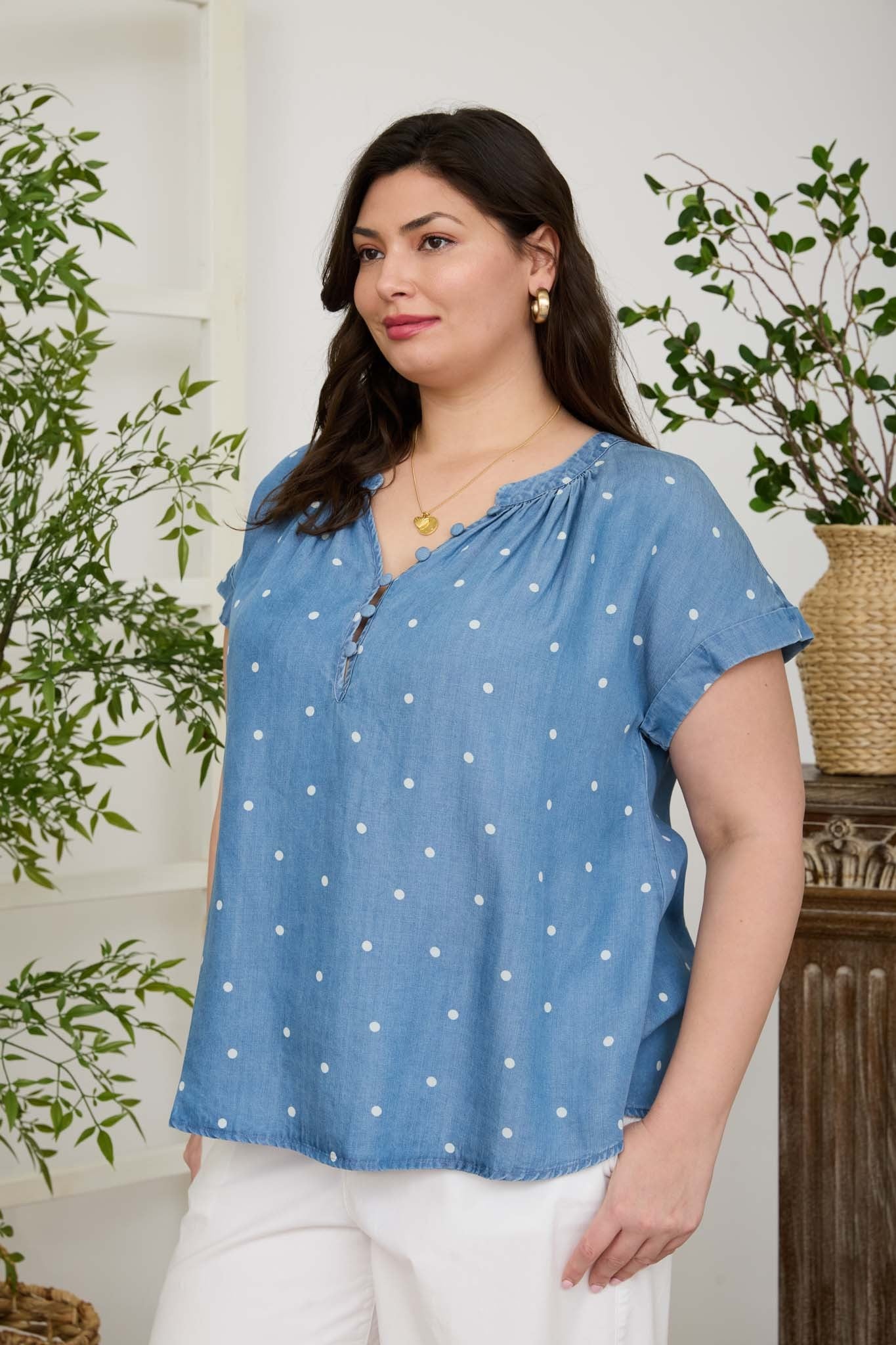Short Sleeve Polka Dot Chambray Top (1X - 3X)