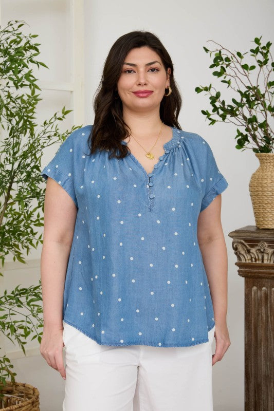 Short Sleeve Polka Dot Chambray Top (1X - 3X)