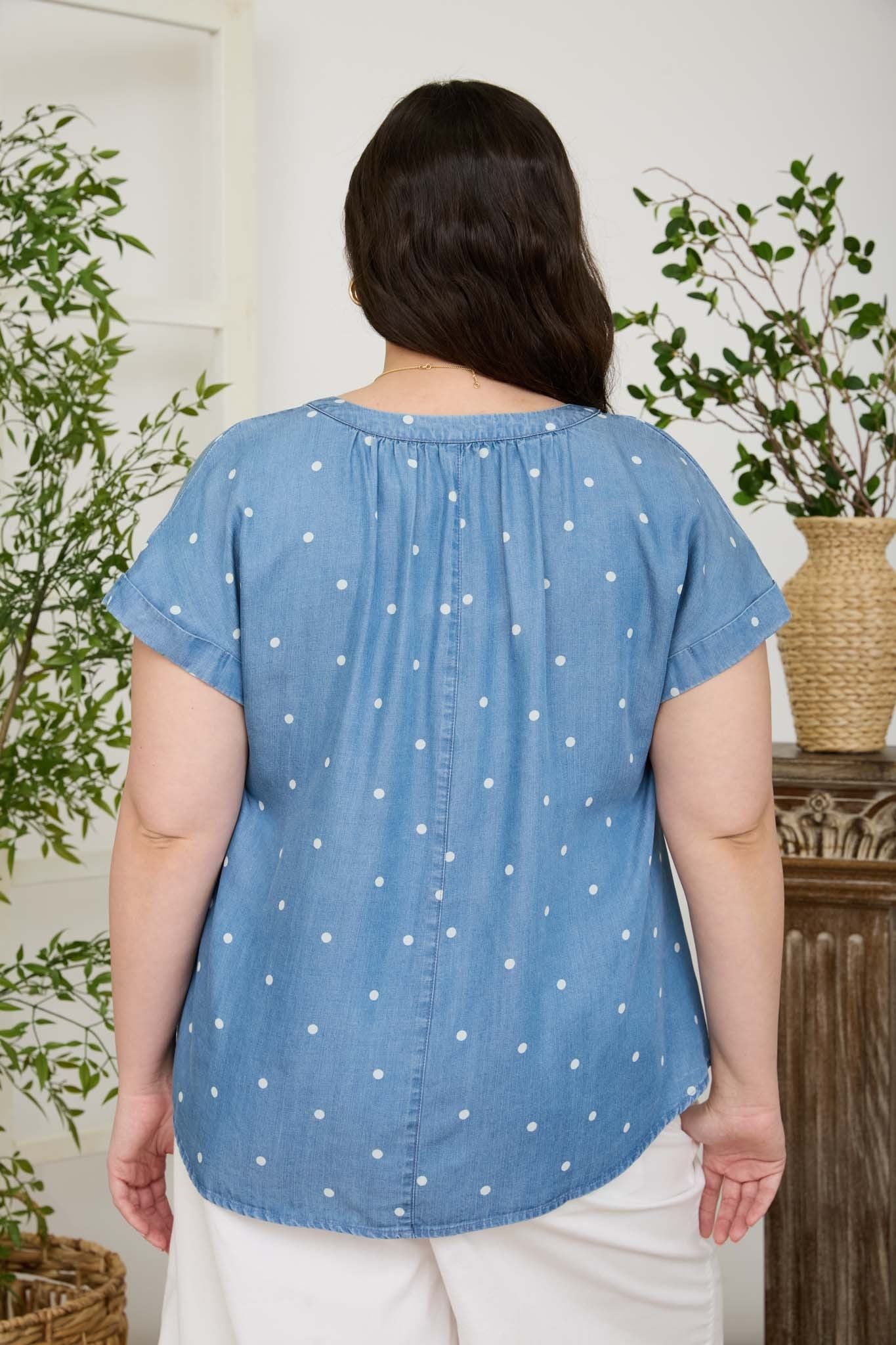 Short Sleeve Polka Dot Chambray Top (1X - 3X)