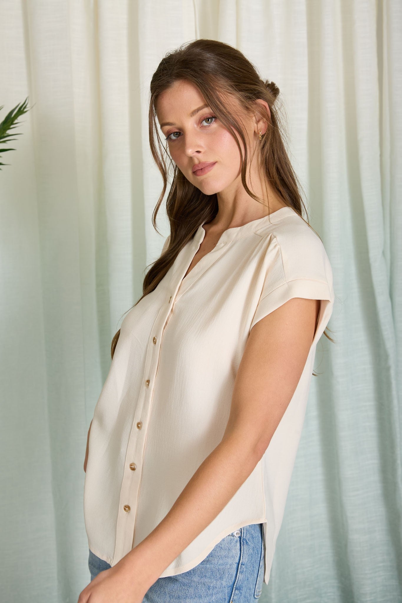 Cuffed Sleeve Button Down Top (Light Khaki)