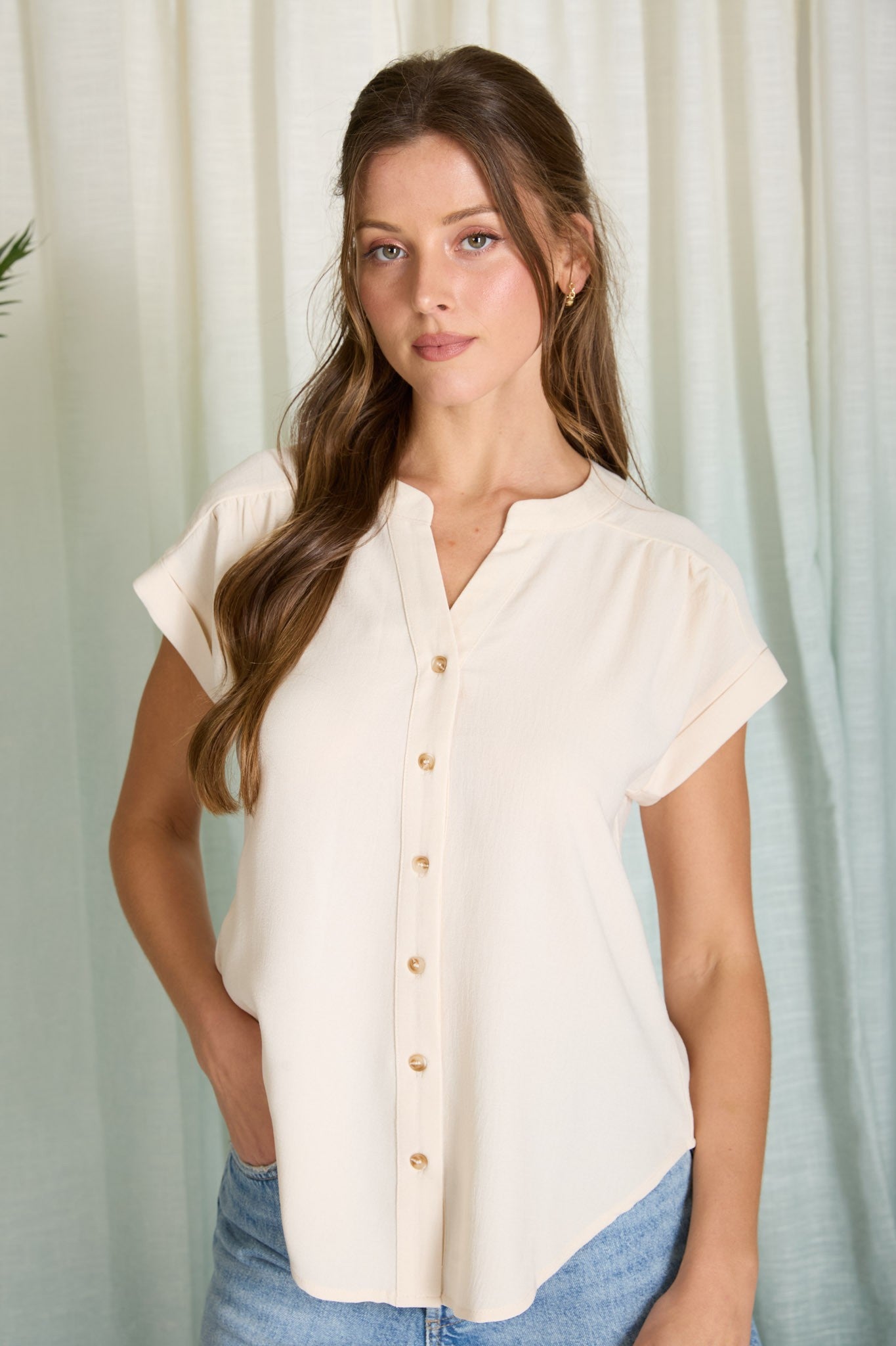Cuffed Sleeve Button Down Top (Light Khaki)