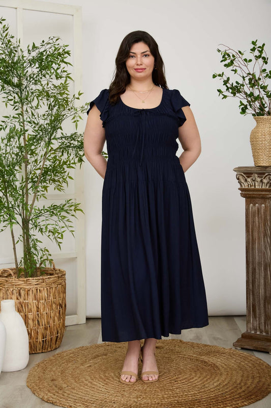 Shirred Bodice Ruffle Sleeve Midi Dress (1X - 3X)