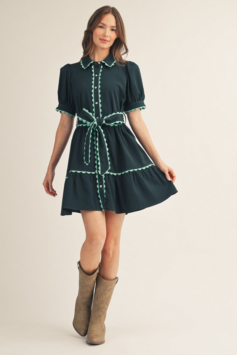 Hunter Green Puff Sleeve Button Front Dress