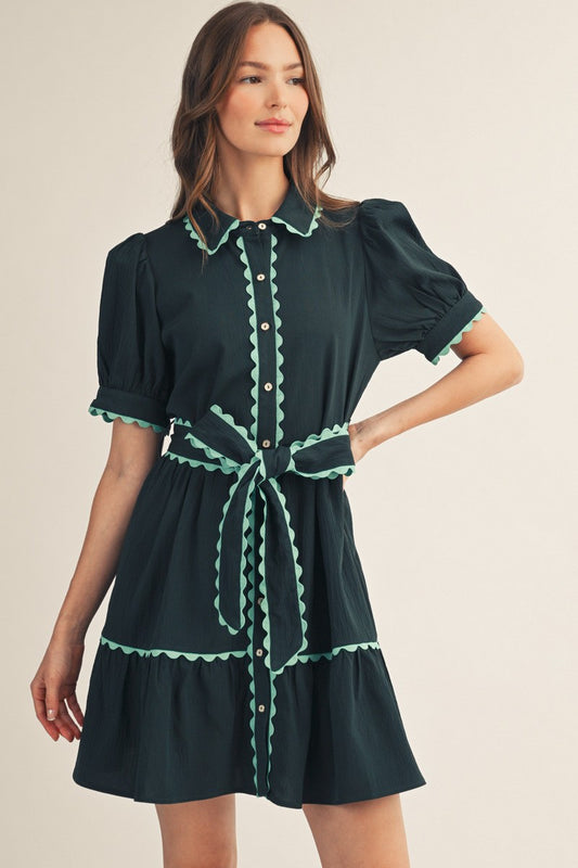 Hunter Green Puff Sleeve Button Front Dress