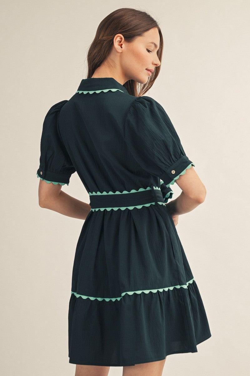Hunter Green Puff Sleeve Button Front Dress
