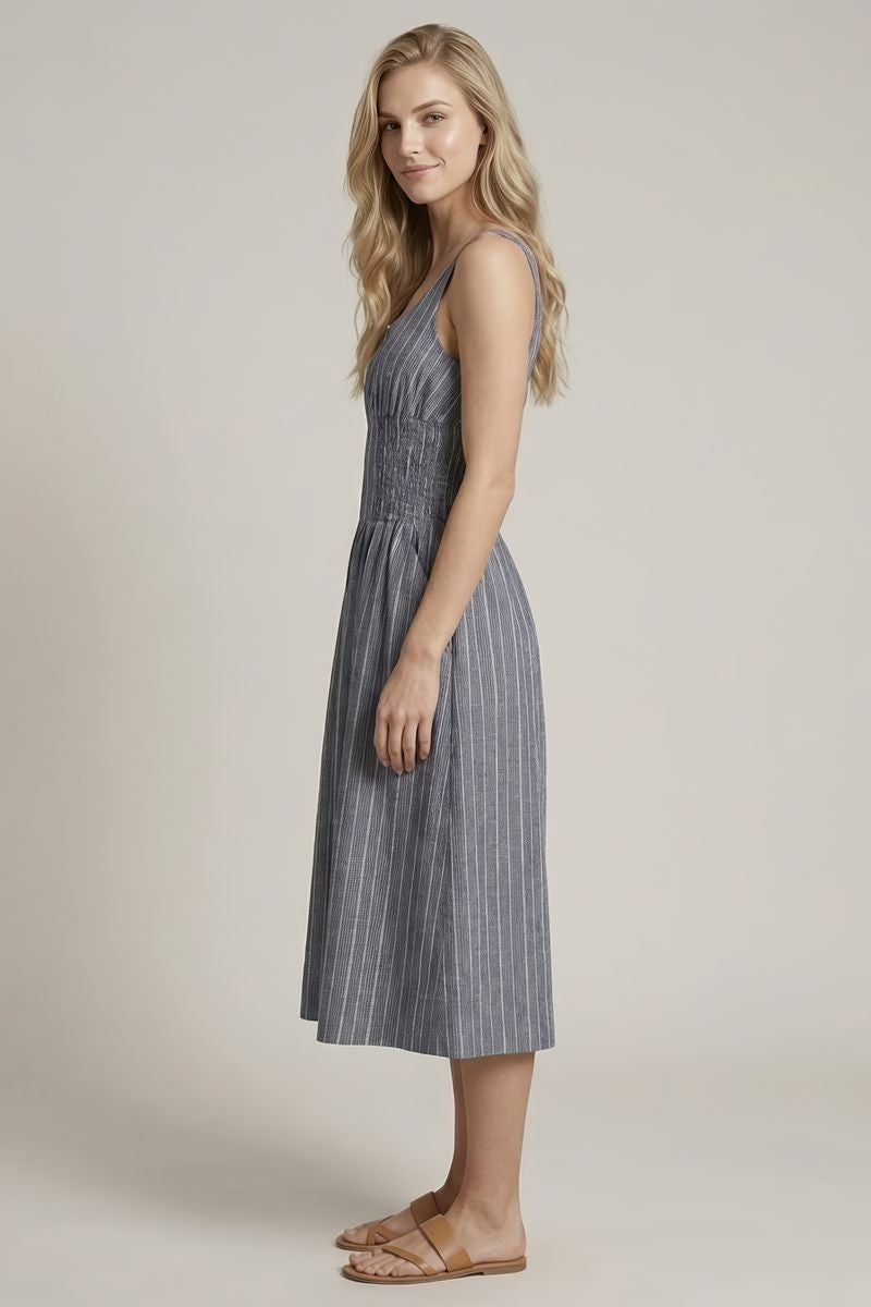 Scoop Neck Zipper Front Striped Midi Dress