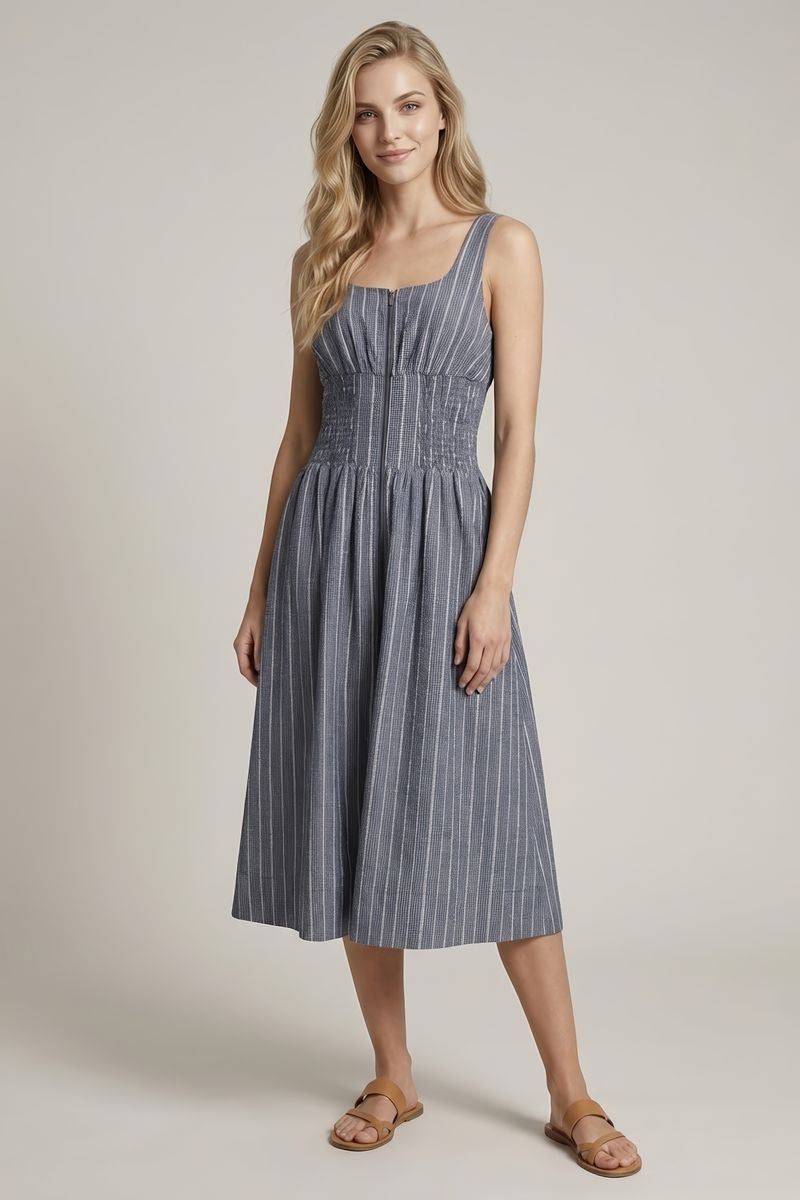 Scoop Neck Zipper Front Striped Midi Dress