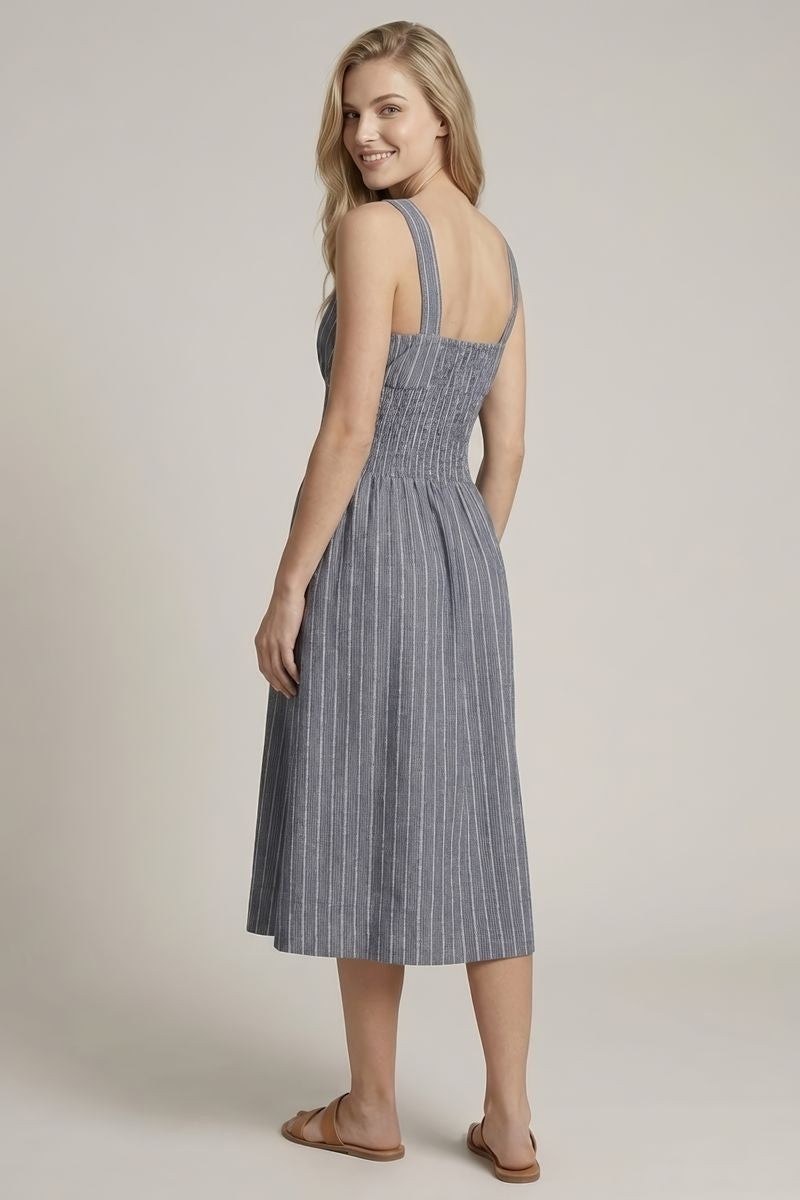 Scoop Neck Zipper Front Striped Midi Dress
