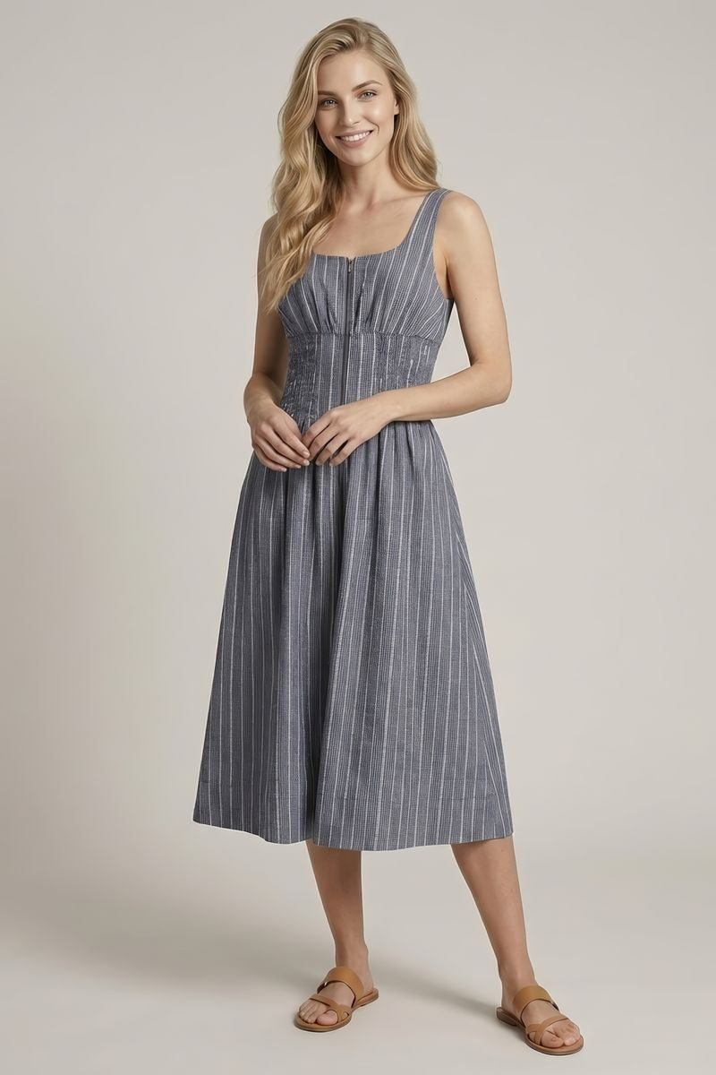 Scoop Neck Zipper Front Striped Midi Dress