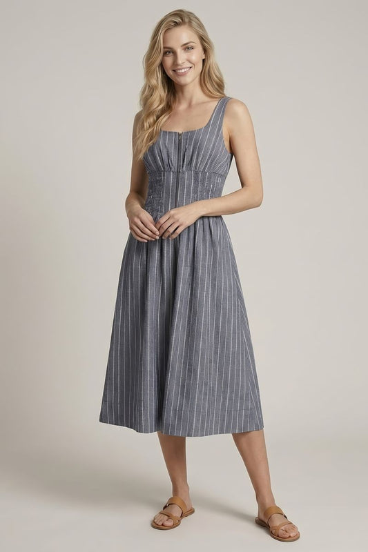 Scoop Neck Zipper Front Striped Midi Dress