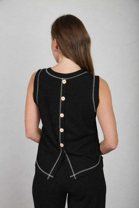 Back Button Sleeveless Ribbed Knit Top (Black)