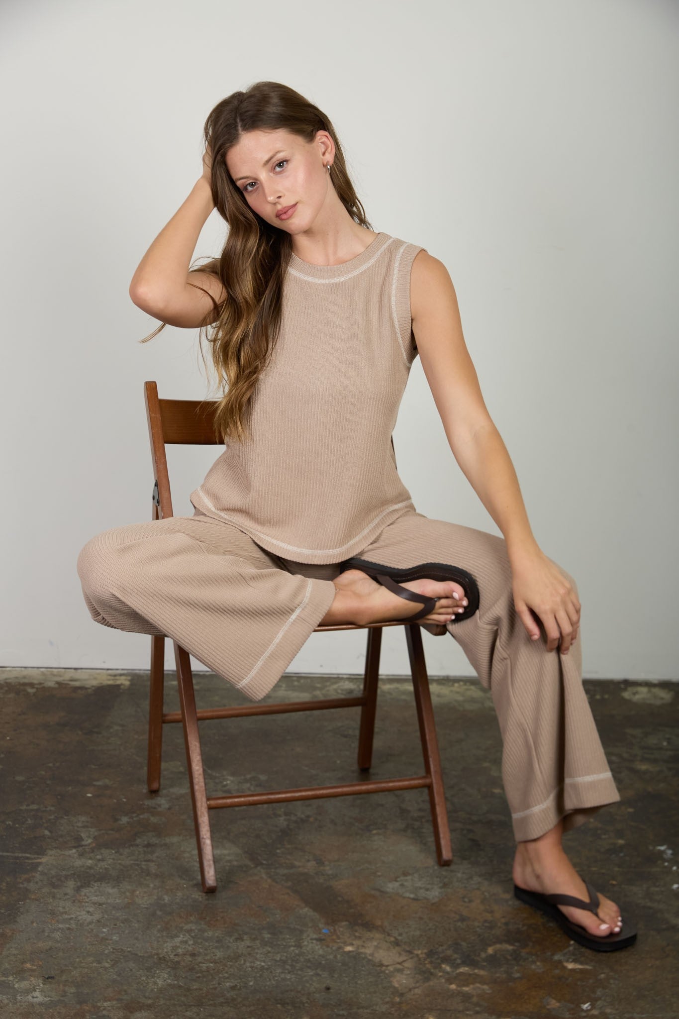 Back Button Sleeveless Ribbed Knit Top (Mocha)