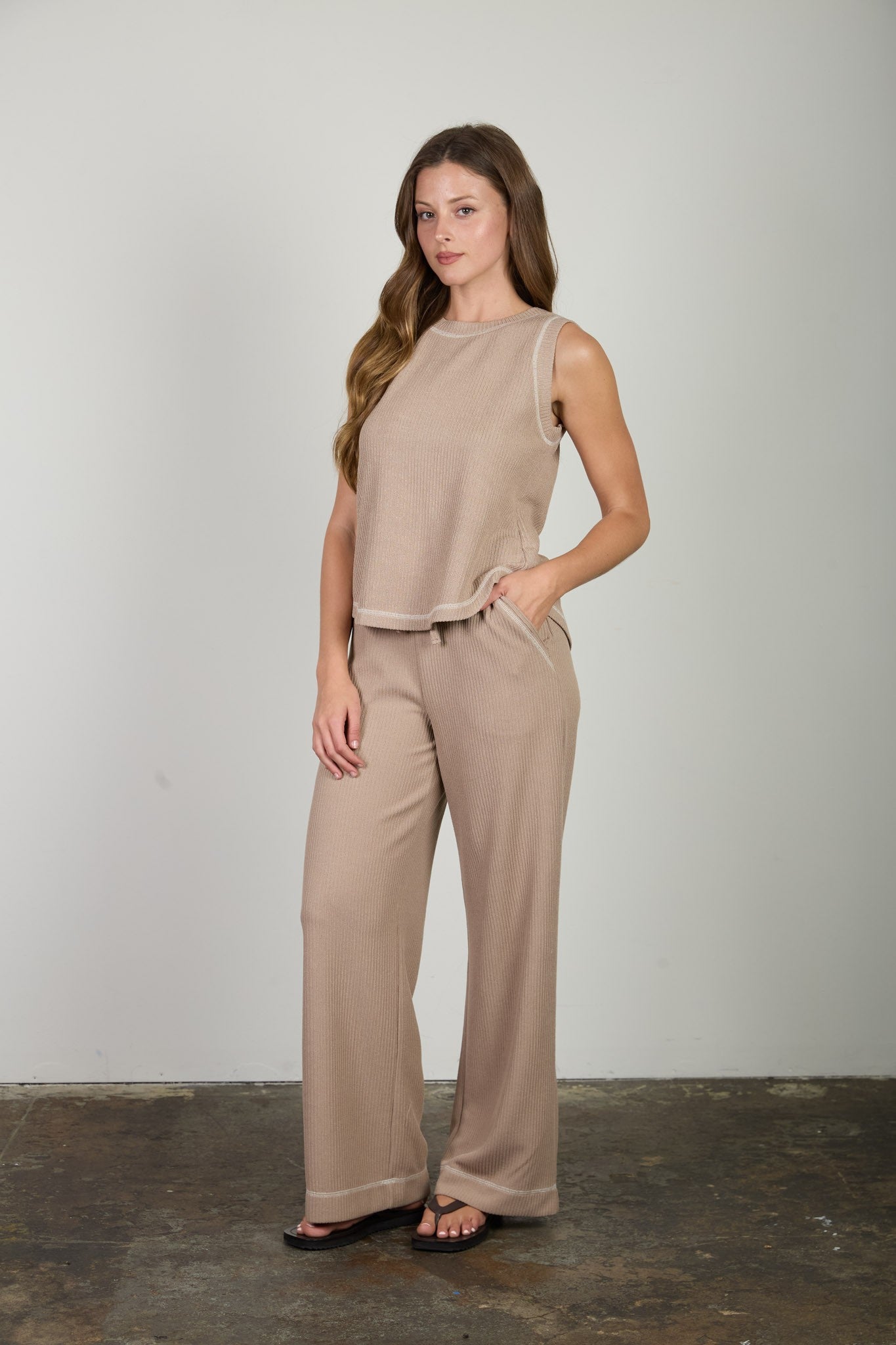 Back Button Sleeveless Ribbed Knit Top (Mocha)