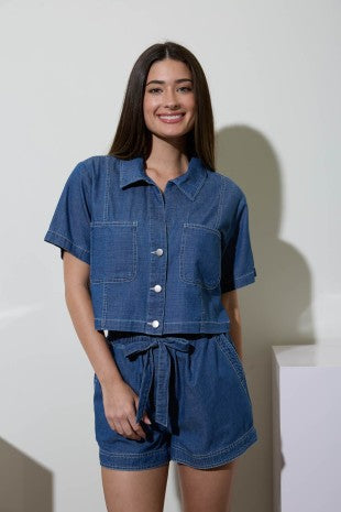 Paperbag Waist Front Tie Chambray Shorts