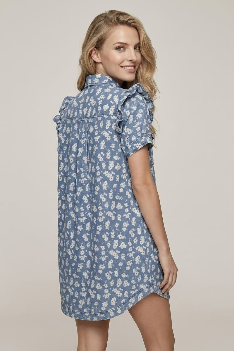 Floral Print Short Sleeve Denim Dress