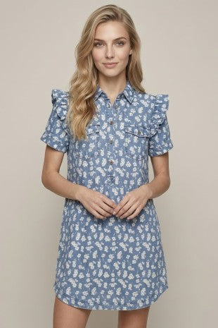 Floral Print Short Sleeve Denim Dress