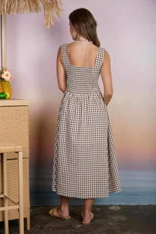 Brown Plaid Basque Waist Sleeveless Midi Dress