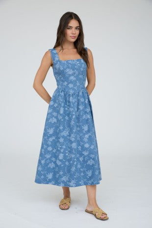 Floral Jacquard Corset Detail Midi Dress