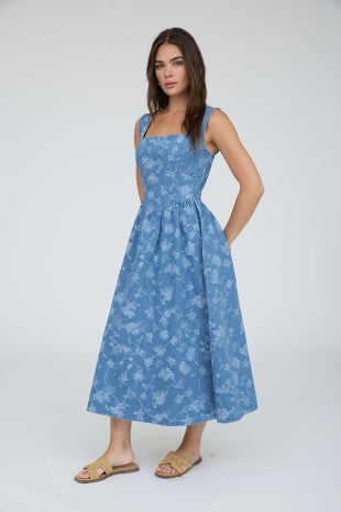 Floral Jacquard Corset Detail Midi Dress