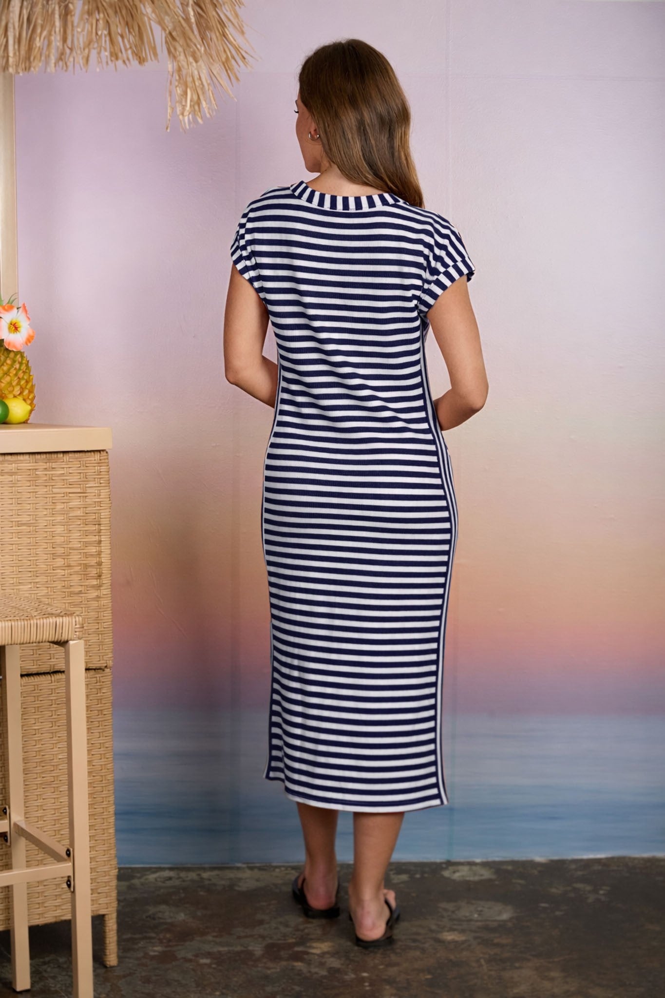 Short Sleeve Striped Midi Dress