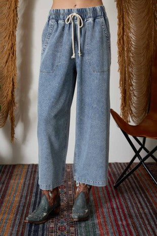 Drawstring Waist Wide Leg Chambray Pants