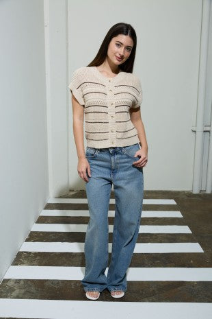 Multi-Stripe Short Sleeve Button Down Cardigan