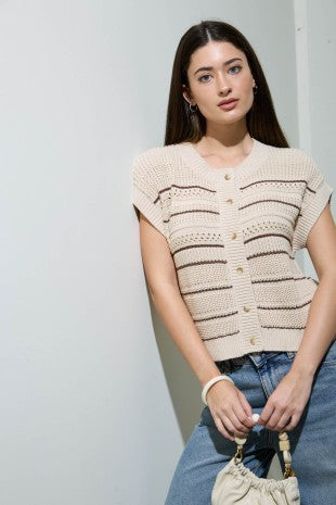 Multi-Stripe Short Sleeve Button Down Cardigan