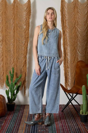 Drawstring Waist Wide Leg Chambray Pants