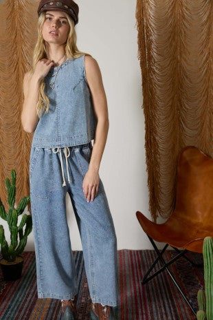 Drawstring Waist Wide Leg Chambray Pants
