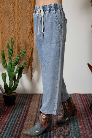 Drawstring Waist Wide Leg Chambray Pants