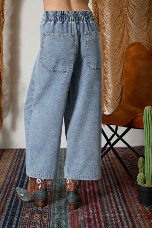 Drawstring Waist Wide Leg Chambray Pants