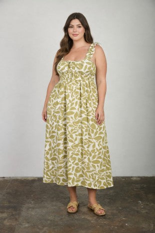 Leaf Print Ruffle Strap Midi Dress (1X - 3X)