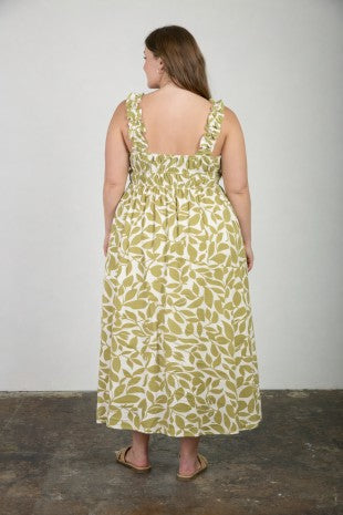 Leaf Print Ruffle Strap Midi Dress (1X - 3X)