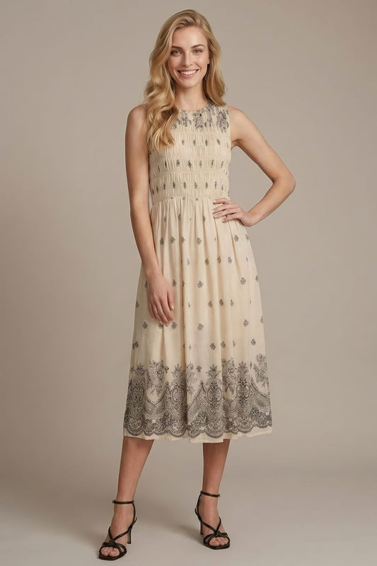 Border Print Smocked Top Sleeveless Midi Dress