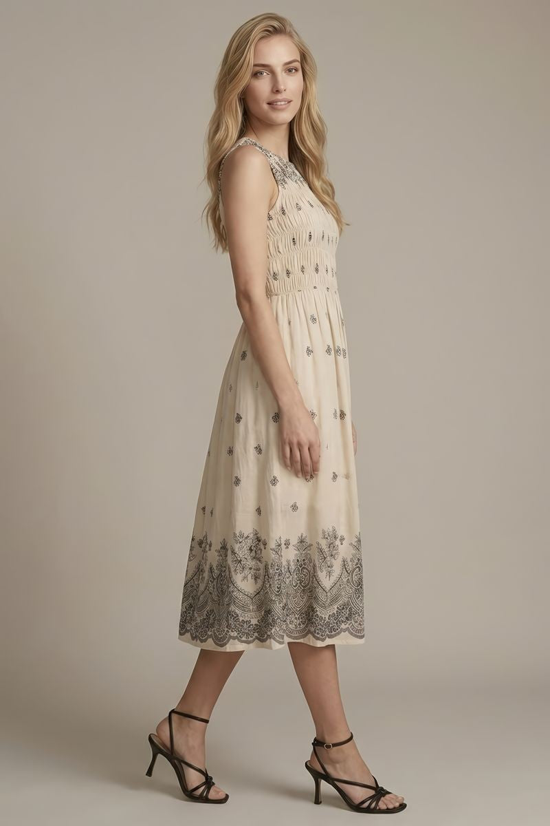 Border Print Smocked Top Sleeveless Midi Dress