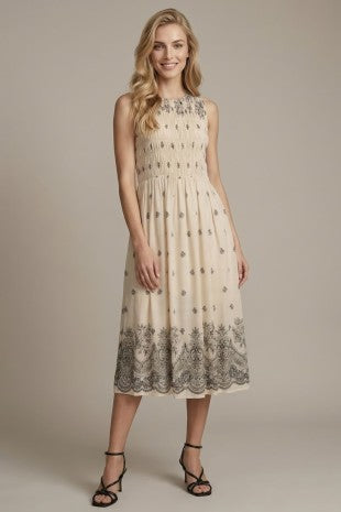Border Print Smocked Top Sleeveless Midi Dress