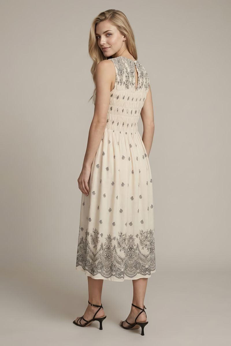 Border Print Smocked Top Sleeveless Midi Dress