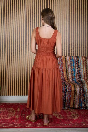 Satin Front Tie Shirred Waist Midi Dress