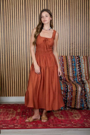 Satin Front Tie Shirred Waist Midi Dress