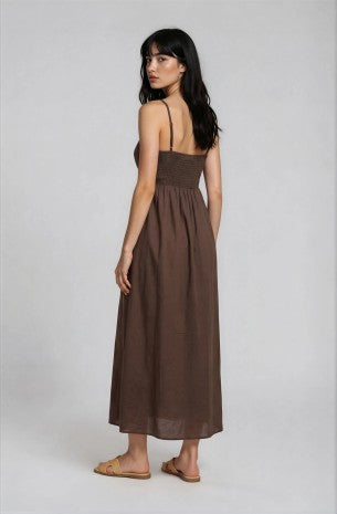 Pintuck Detail Spaghetti Strap Midi Dress (Dark Brown)
