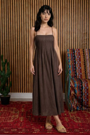 Pintuck Detail Spaghetti Strap Midi Dress (Dark Brown)