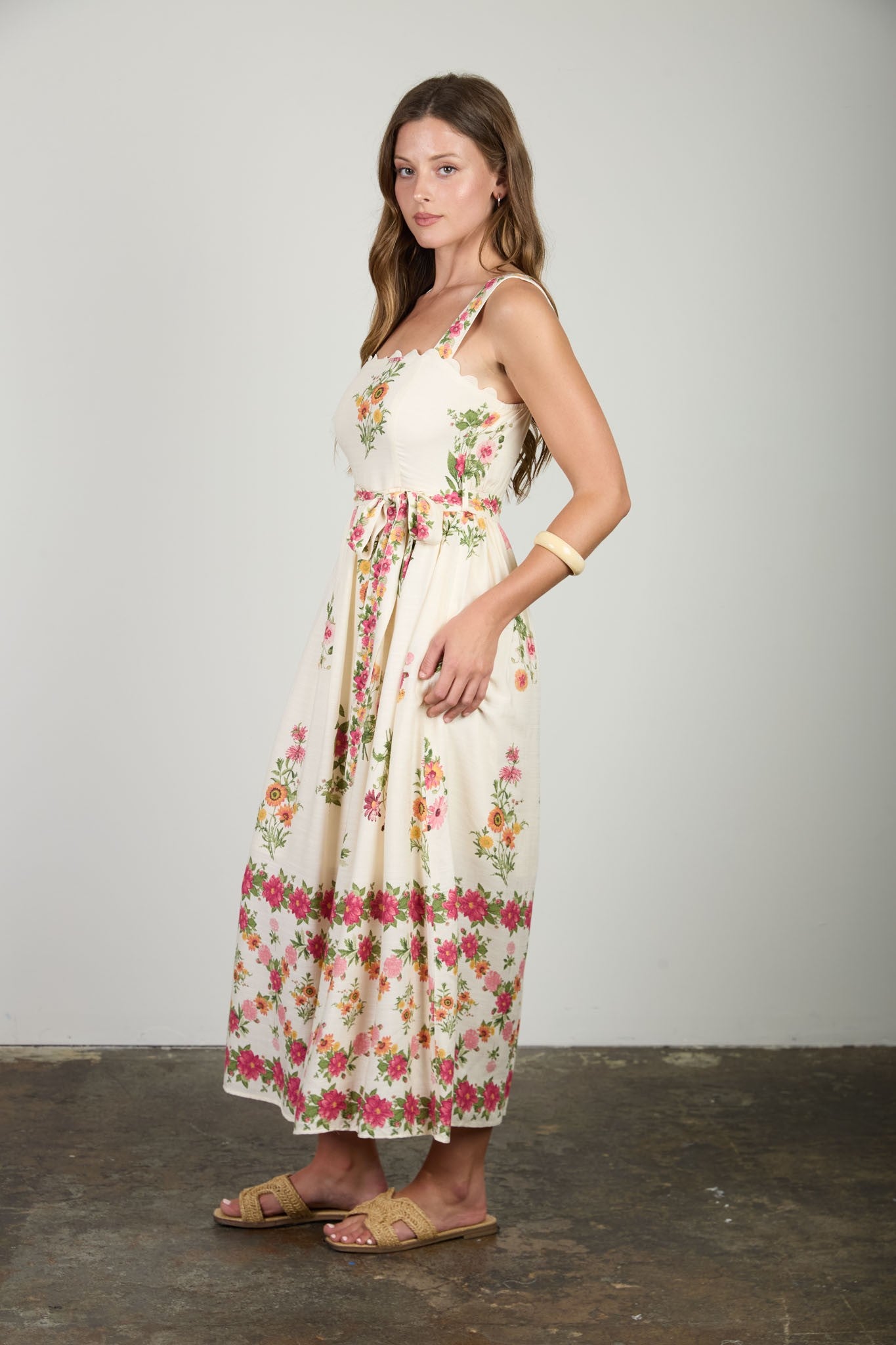 Floral Border Pattern Midi Dress